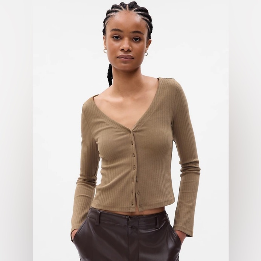 GAP Women's Brown Ribbed Long Sleeve Top